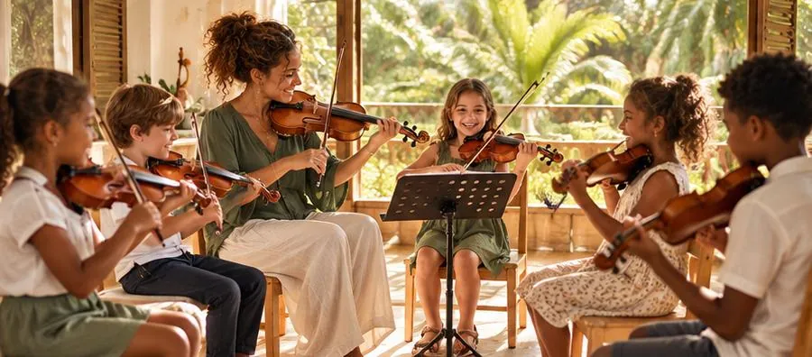 Une professeure et des enfants jouent du violon ensemble